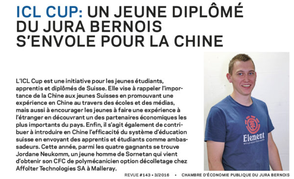 ICL CUP : un jeune diplômé du Jura bernois s’envole pour la chine